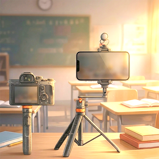 Un appareil photo monté sur un trépied professionnel dans une école