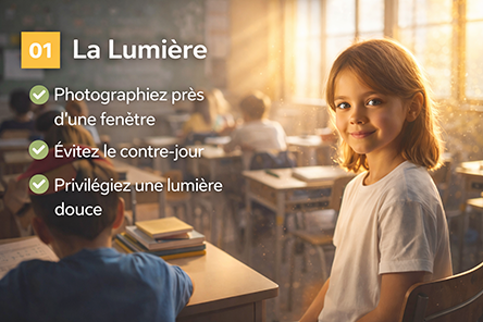 Enfant photographié en lumière naturelle douce près d'une fenêtre